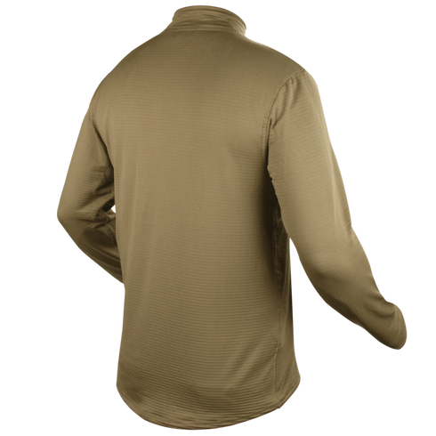The Condor Base II Zip Pullover is a light brown long-sleeve shirt with a high collar, shown from the back, and features subtle textured fabric.