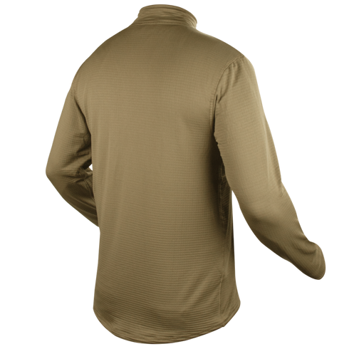 The Condor Base II Zip Pullover is a light brown long-sleeve shirt with a high collar, shown from the back, and features subtle textured fabric.