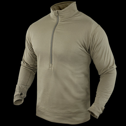 The Condor Base II Zip Pullover, featuring long sleeves, a high collar, textured tan fabric, and a quarter-zip design, is displayed on a plain background.