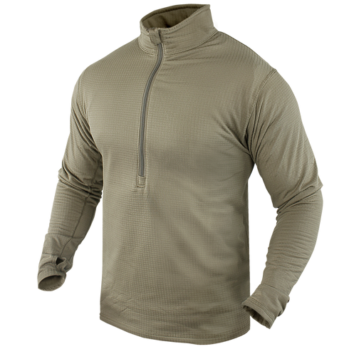 The Condor Base II Zip Pullover, featuring long sleeves, a high collar, textured tan fabric, and a quarter-zip design, is displayed on a plain background.