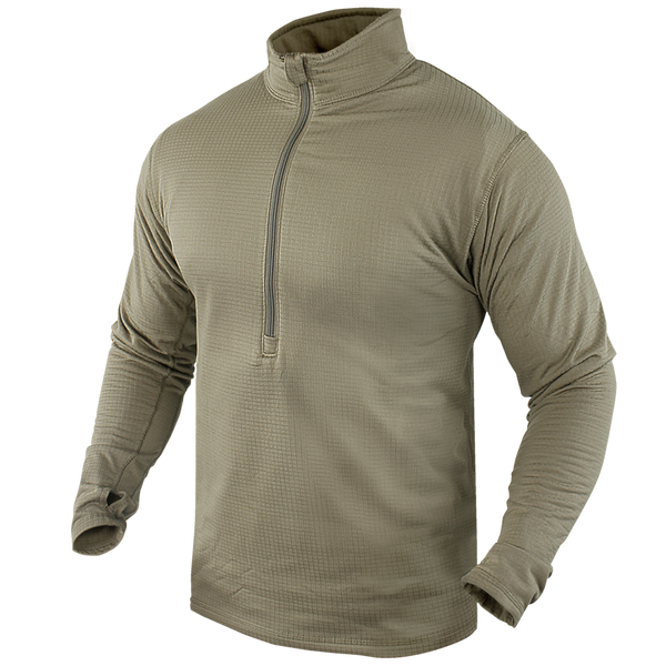 The Condor Base II Zip Pullover, featuring long sleeves, a high collar, textured tan fabric, and a quarter-zip design, is displayed on a plain background.