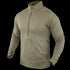 The Condor Base II Zip Pullover, featuring long sleeves, a high collar, textured tan fabric, and a quarter-zip design, is displayed on a plain background.