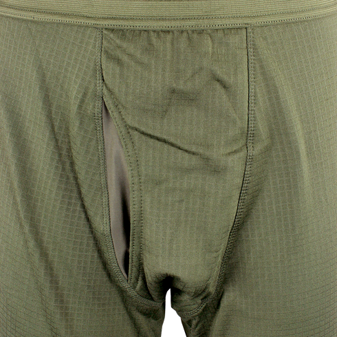 Close-up view of Condor Base II Mid-Weight Drawer mens underwear in green with a front fly and tactical-inspired textured fabric.