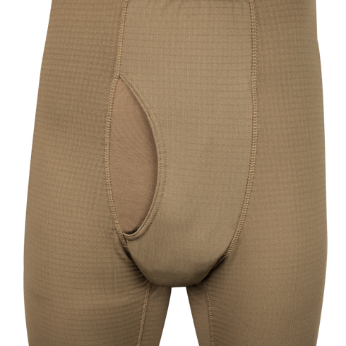 Close-up of the Condor Base II Mid-Weight Drawer, brown thermal underwear with a visible front fly, designed for reliable comfort—ideal for EDC or law enforcement professionals in any environment.