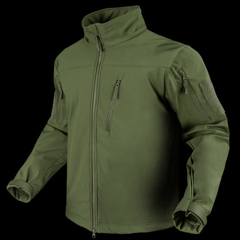 The Condor Phantom Softshell Jacket is a green, long-sleeve tactical jacket featuring a high collar, zippered chest and side pockets, and adjustable cuffs, shown on an invisible mannequin.