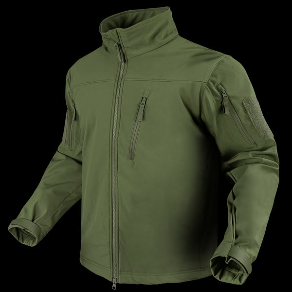 The Condor Phantom Softshell Jacket is a green, long-sleeve tactical jacket featuring a high collar, zippered chest and side pockets, and adjustable cuffs, shown on an invisible mannequin.