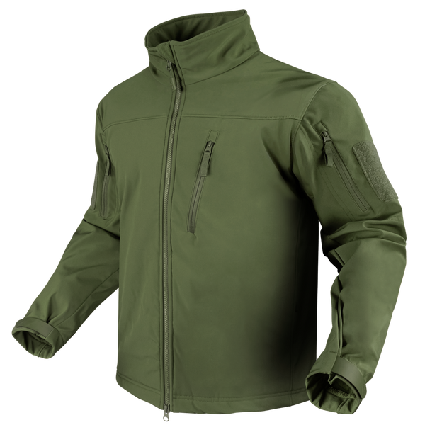 The Condor Phantom Softshell Jacket is a green, long-sleeve tactical jacket featuring a high collar, zippered chest and side pockets, and adjustable cuffs, shown on an invisible mannequin.