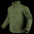 The Condor Phantom Softshell Jacket is a green, long-sleeve tactical jacket featuring a high collar, zippered chest and side pockets, and adjustable cuffs, shown on an invisible mannequin.