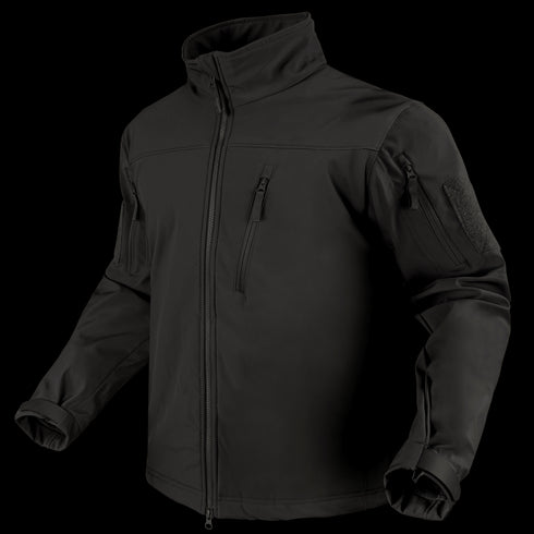 The Condor Phantom Softshell Jacket, shown on an invisible mannequin, is a black zip-up tactical jacket featuring multiple zippered pockets, a high collar, and adjustable cuffs.