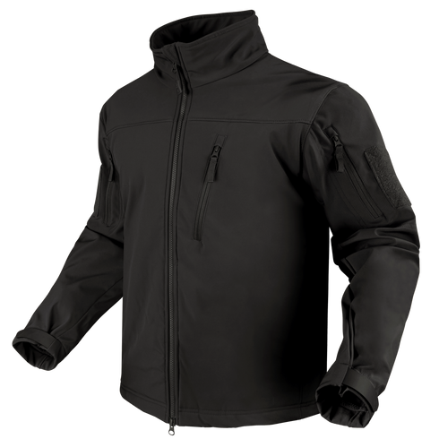 The Condor Phantom Softshell Jacket, shown on an invisible mannequin, is a black zip-up tactical jacket featuring multiple zippered pockets, a high collar, and adjustable cuffs.
