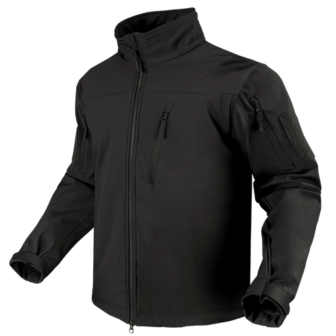 The Condor Phantom Softshell Jacket, shown on an invisible mannequin, is a black zip-up tactical jacket featuring multiple zippered pockets, a high collar, and adjustable cuffs.