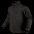 The Condor Phantom Softshell Jacket, shown on an invisible mannequin, is a black zip-up tactical jacket featuring multiple zippered pockets, a high collar, and adjustable cuffs.