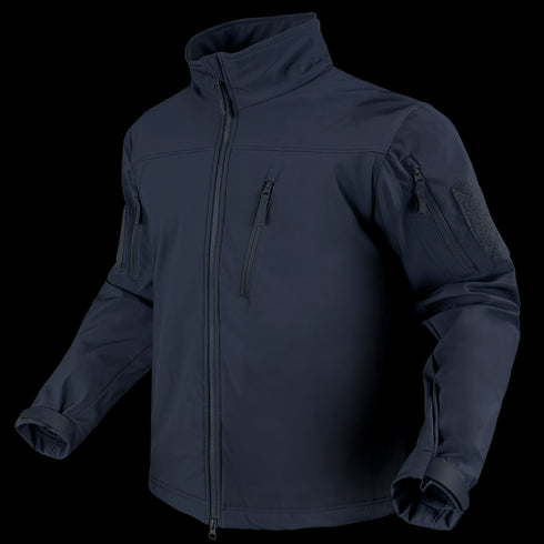 The Condor Phantom Softshell Jacket is a dark blue zip-up with a high collar, zippered chest and arm pockets, and adjustable cuffs, shown on a plain background.