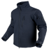 The Condor Phantom Softshell Jacket is a dark blue zip-up with a high collar, zippered chest and arm pockets, and adjustable cuffs, shown on a plain background.