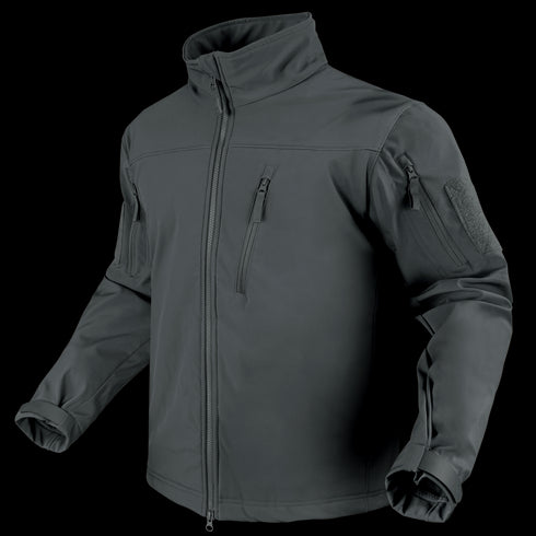 The Condor Phantom Softshell Jacket, in dark gray, features a zip-up front, high collar, zippered chest and sleeve pockets, and adjustable cuffs. Shown on an invisible mannequin.