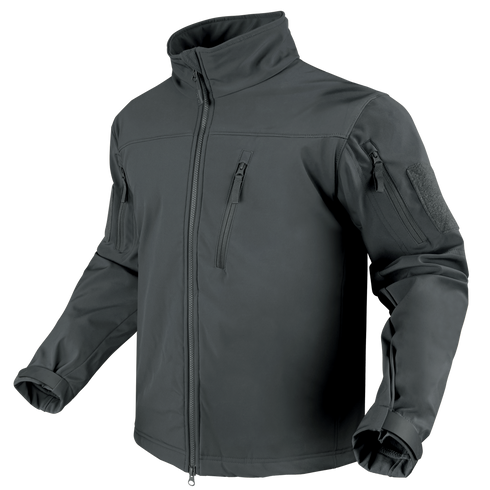 The Condor Phantom Softshell Jacket, in dark gray, features a zip-up front, high collar, zippered chest and sleeve pockets, and adjustable cuffs. Shown on an invisible mannequin.