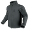 The Condor Phantom Softshell Jacket, in dark gray, features a zip-up front, high collar, zippered chest and sleeve pockets, and adjustable cuffs. Shown on an invisible mannequin.
