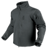 The Condor Phantom Softshell Jacket, in dark gray, features a zip-up front, high collar, zippered chest and sleeve pockets, and adjustable cuffs. Shown on an invisible mannequin.