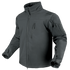 The Condor Phantom Softshell Jacket, in dark gray, features a zip-up front, high collar, zippered chest and sleeve pockets, and adjustable cuffs. Shown on an invisible mannequin.