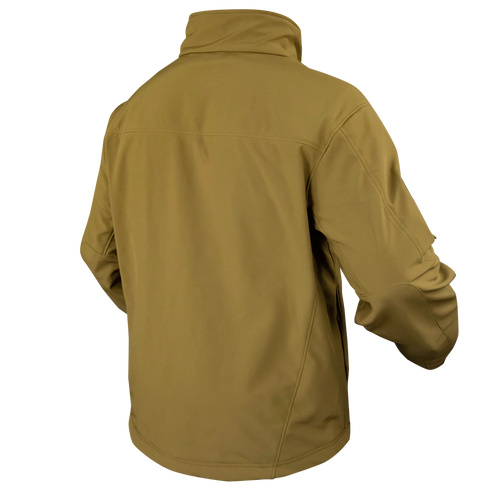 The Phantom Softshell Jacket by Condor is shown from the back in tan, featuring long sleeves and a high collar.