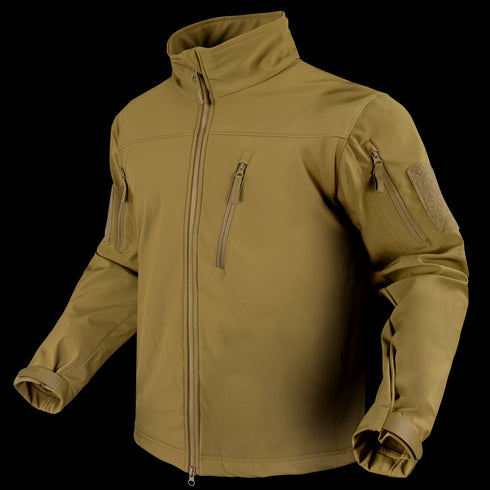 The Condor Phantom Softshell Jacket is a khaki zip-up tactical jacket featuring multiple front and sleeve pockets, a high collar, and adjustable cuffs, shown on a white background.