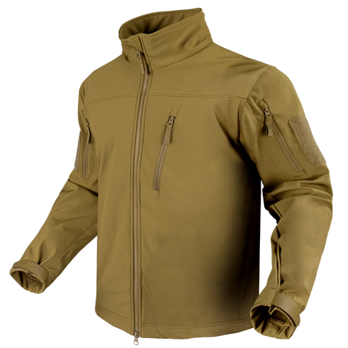 The Condor Phantom Softshell Jacket is a khaki zip-up tactical jacket featuring multiple front and sleeve pockets, a high collar, and adjustable cuffs, shown on a white background.
