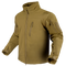 The Condor Phantom Softshell Jacket is a khaki zip-up tactical jacket featuring multiple front and sleeve pockets, a high collar, and adjustable cuffs, shown on a white background.