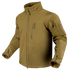 The Condor Phantom Softshell Jacket is a khaki zip-up tactical jacket featuring multiple front and sleeve pockets, a high collar, and adjustable cuffs, shown on a white background.