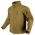 The Condor Phantom Softshell Jacket is a khaki zip-up tactical jacket featuring multiple front and sleeve pockets, a high collar, and adjustable cuffs, shown on a white background.