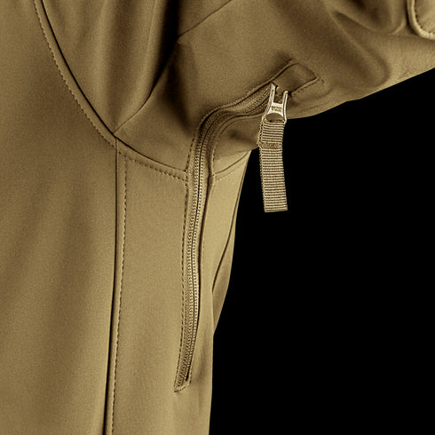 Close-up of the Condor Phantom Softshell Jackets tan sleeve, highlighting a vertical zipper with a fabric pull tab.
