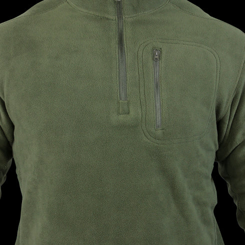 The Condor Quarter Zip Pullover in olive green features a half-zip front, chest zipper pocket, and military-inspired design—ideal for EDC or days at the shooting range.