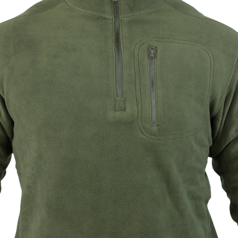 The Condor Quarter Zip Pullover in olive green features a half-zip front, chest zipper pocket, and military-inspired design—ideal for EDC or days at the shooting range.