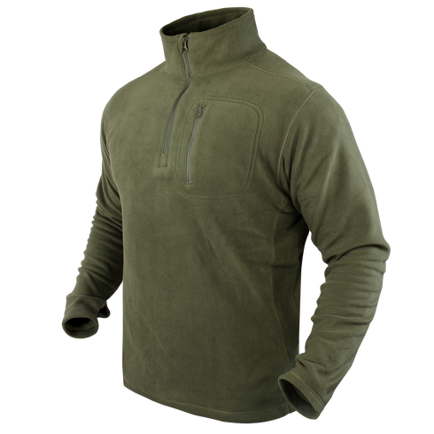 The Condor Quarter Zip Pullover features an olive green fleece, high collar, quarter-zip front, long sleeves, and a zippered chest pocket—perfect for EDC or first responders who value comfort and utility.
