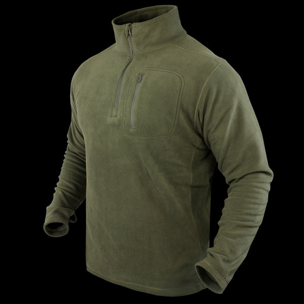 The Condor Quarter Zip Pullover features an olive green fleece, high collar, quarter-zip front, long sleeves, and a zippered chest pocket—perfect for EDC or first responders who value comfort and utility.