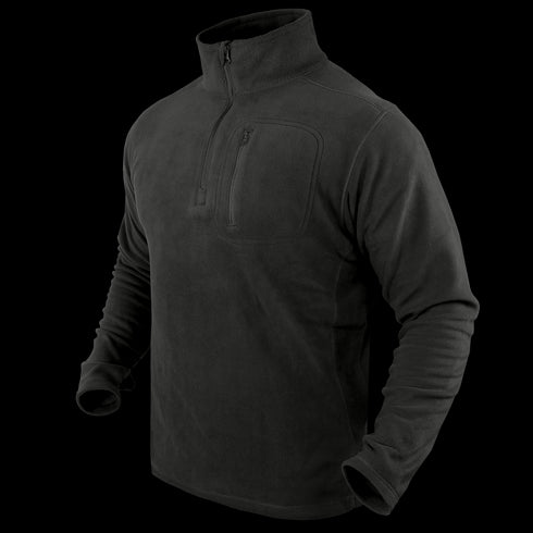 The Condor Quarter Zip Pullover is a black long-sleeve fleece with a zippered chest pocket and quarter-zip collar, perfect for bushcraft or EDC, shown on a plain background.