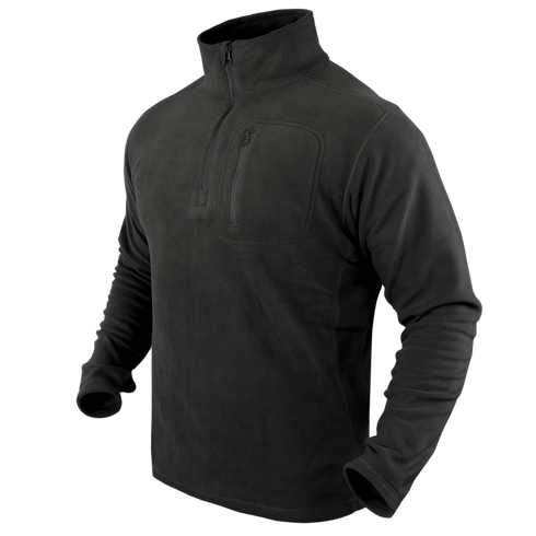 The Condor Quarter Zip Pullover is a black long-sleeve fleece with a zippered chest pocket and quarter-zip collar, perfect for bushcraft or EDC, shown on a plain background.
