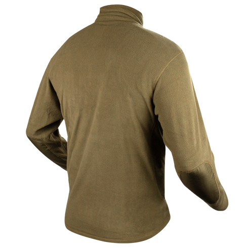 A person wearing a Condor Quarter Zip Pullover—a long-sleeve, light brown fleece and great EDC layer for the shooting range—is seen from the back.