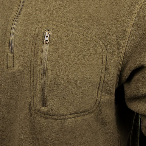 Close-up of the Condor Quarter Zip Pullover in olive green, featuring a zippered chest pocket and partial front zipper—perfect for bushcraft adventures or long days at the shooting range.
