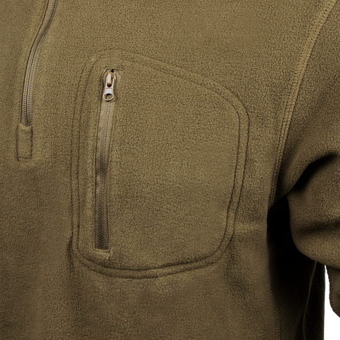 Close-up of the Condor Quarter Zip Pullover in olive green, featuring a zippered chest pocket and partial front zipper—perfect for bushcraft adventures or long days at the shooting range.
