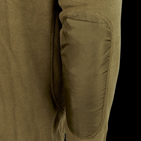 Close-up of a Condor Quarter Zip Pullover sleeve in olive green, displaying a reinforced, smoother elbow patch for enhanced durability, crafted with Military and EDC functionality in mind.