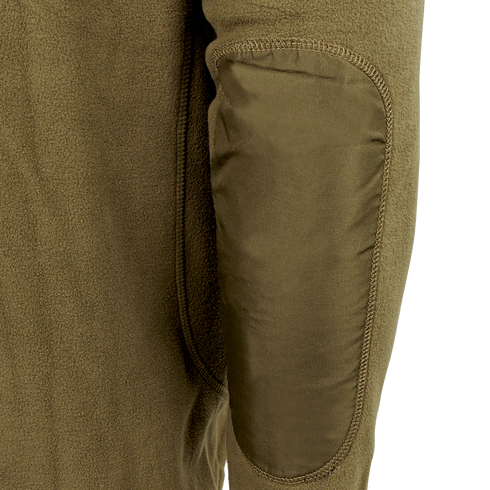 Close-up of a Condor Quarter Zip Pullover sleeve in olive green, displaying a reinforced, smoother elbow patch for enhanced durability, crafted with Military and EDC functionality in mind.