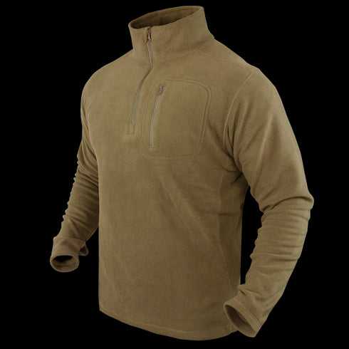 The Condor Quarter Zip Pullover is a tan, long-sleeve fleece with a stand-up collar and zippered chest pocket, perfect for bushcraft or EDC, shown on a mannequin torso.