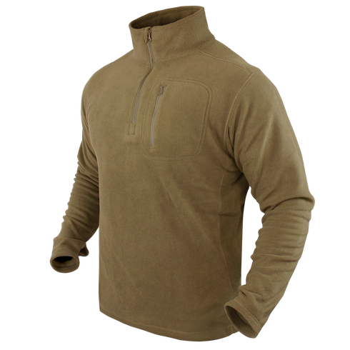 The Condor Quarter Zip Pullover is a tan, long-sleeve fleece with a stand-up collar and zippered chest pocket, perfect for bushcraft or EDC, shown on a mannequin torso.