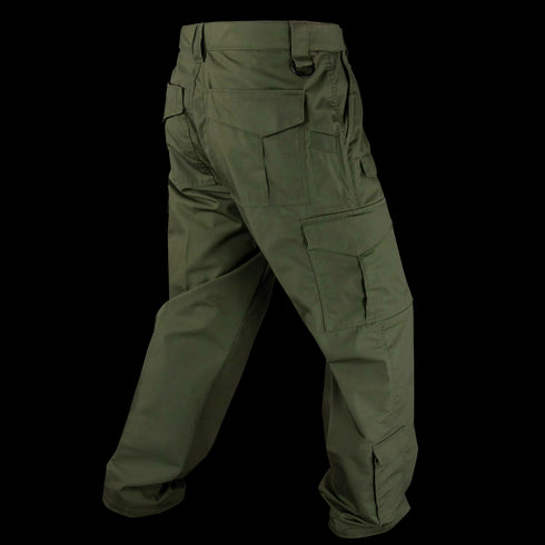 The Condor Sentinel Tactical Pants in olive green, featuring multiple pockets, are shown from the back against a plain white background.