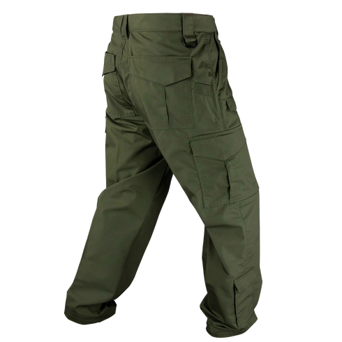 The Condor Sentinel Tactical Pants in olive green, featuring multiple pockets, are shown from the back against a plain white background.