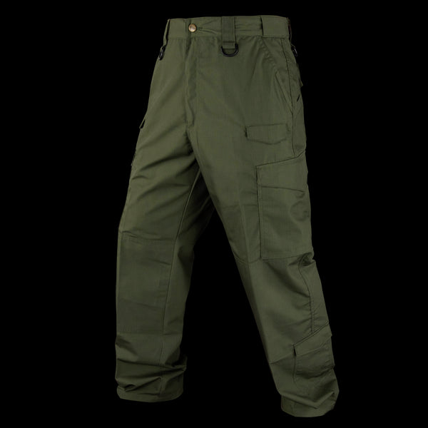 Condor Sentinel Tactical Pants in olive green, featuring multiple pockets, belt loops, and reinforced knees, displayed against a plain background.