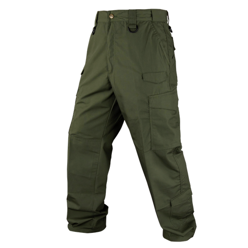 The Condor Sentinel Tactical Pants Plus Size in olive green feature multiple pockets, belt loops, and reinforced knees, perfect for bushcraft adventures. Displayed on an invisible mannequin against a white background.