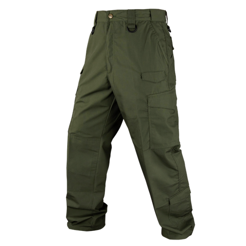The Condor Sentinel Tactical Pants Plus Size in olive green feature multiple pockets, belt loops, and reinforced knees, perfect for bushcraft adventures. Displayed on an invisible mannequin against a white background.
