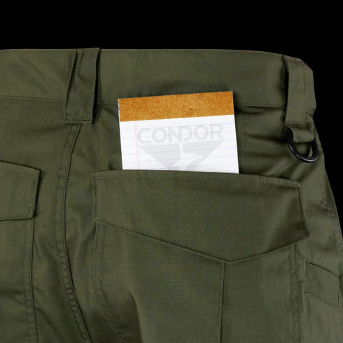 A small notepad partially tucked into the back pocket of Condor Sentinel Tactical Pants.