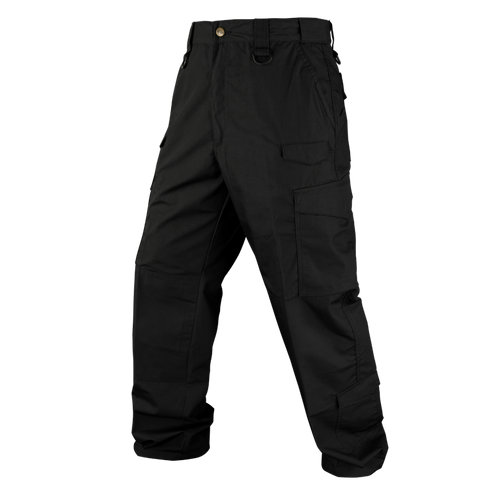 The Condor Sentinel Tactical Pants Plus Size are black cargo pants with multiple pockets, belt loops, and a button closure for first responders, shown against a white background.